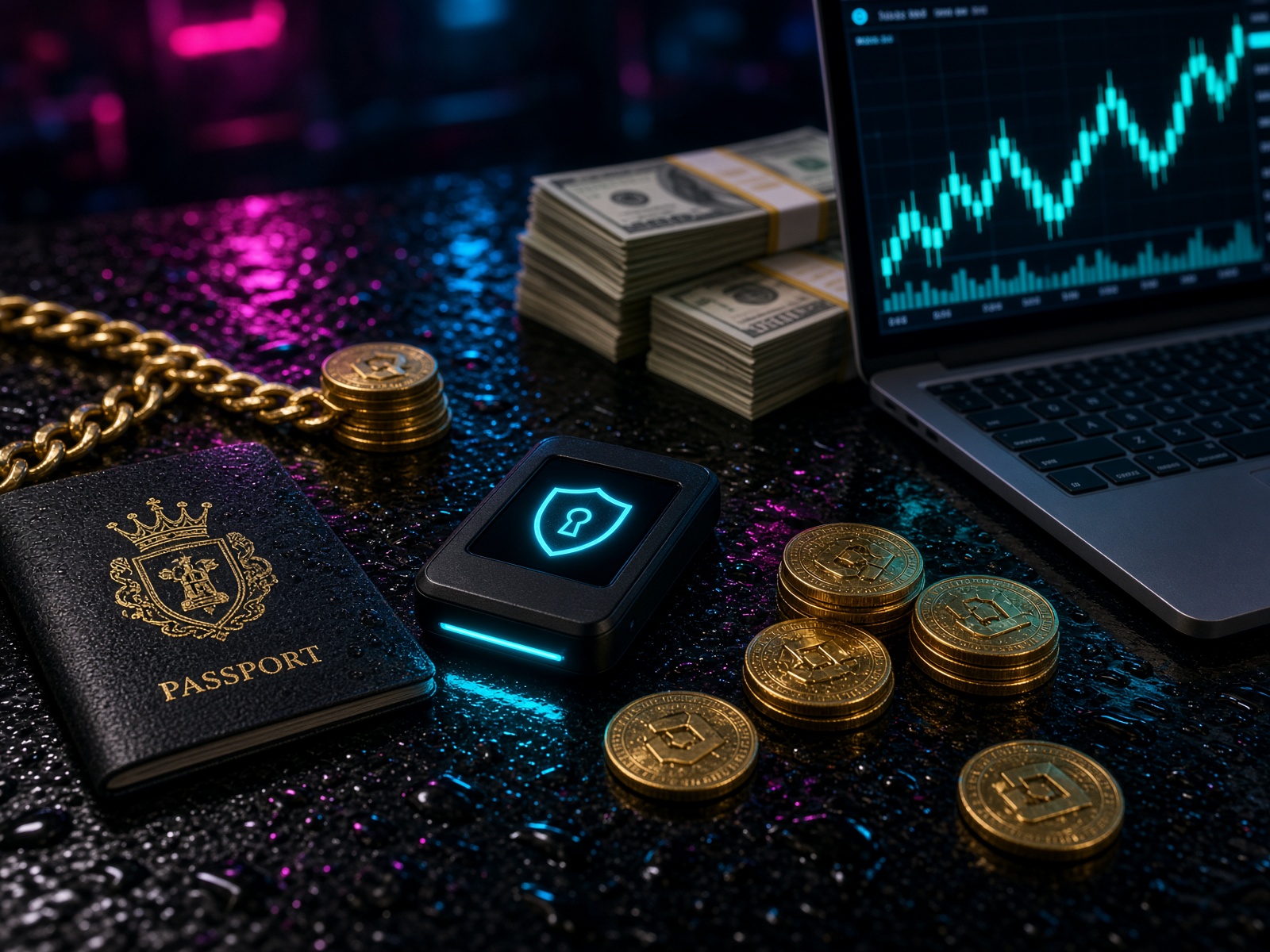 Passport, laptop with crypto charts, cash and a hardware wallet