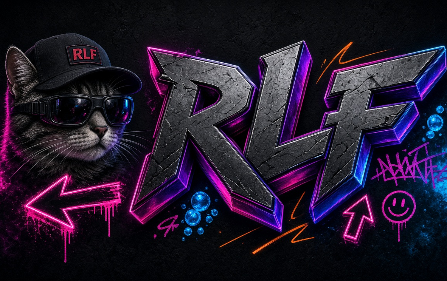 Neon RLF graffiti mural with a cat in a cap and sunglasses
