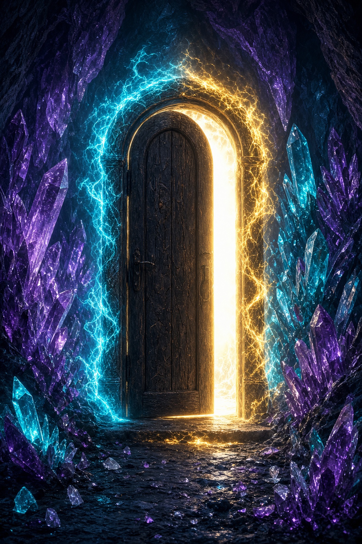 A glowing wooden door in a crystal cave
