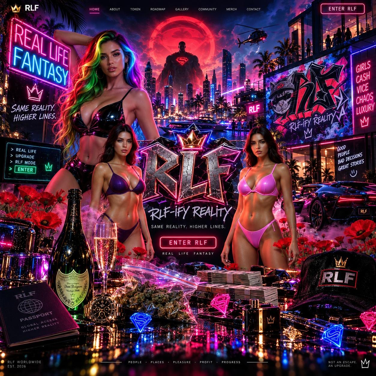 RLF campaign still: penthouse terrace, neon signs and nightlife